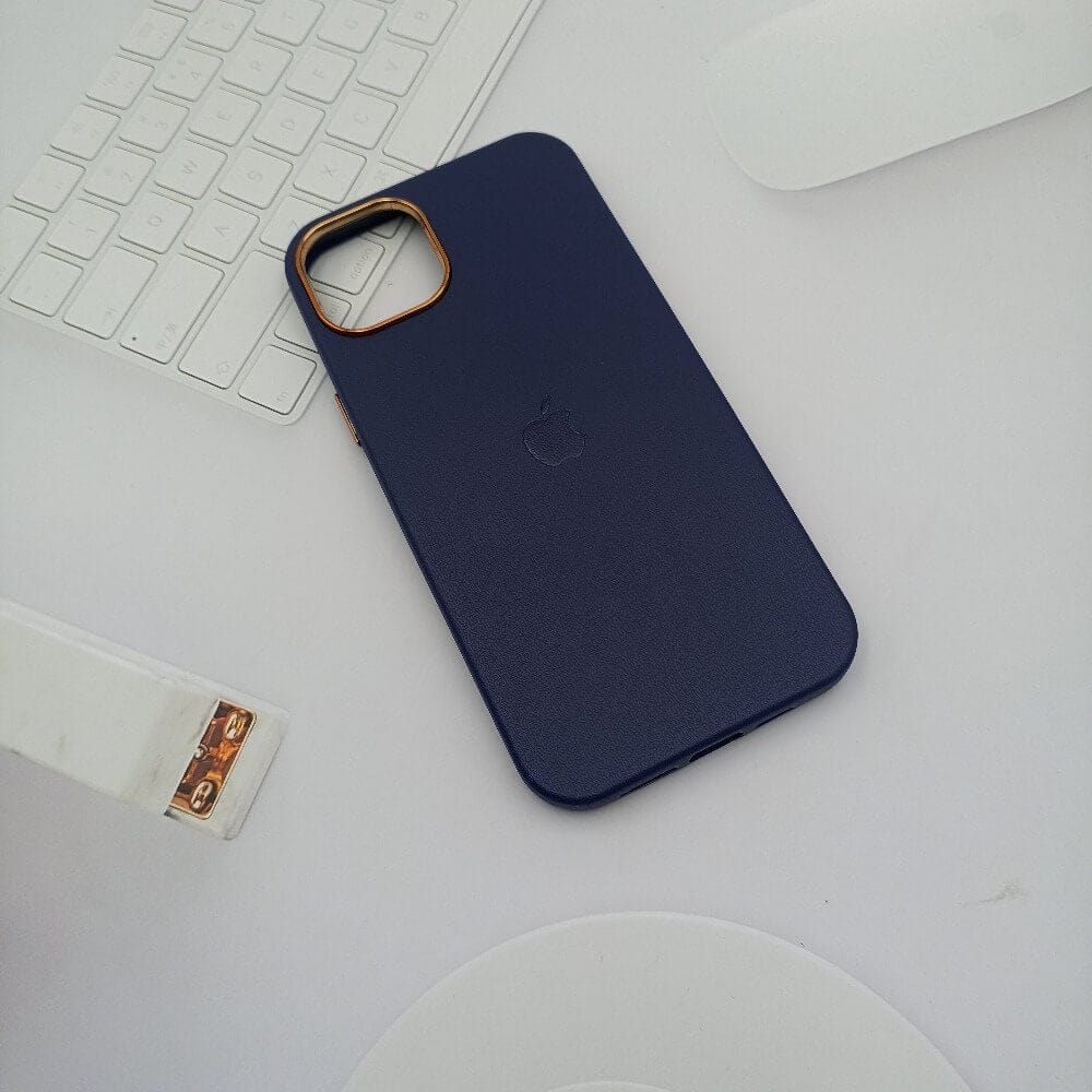 Leather Texture Phone Case for iPhone 14 Plus with Apple Logo Blue Onezeros.in