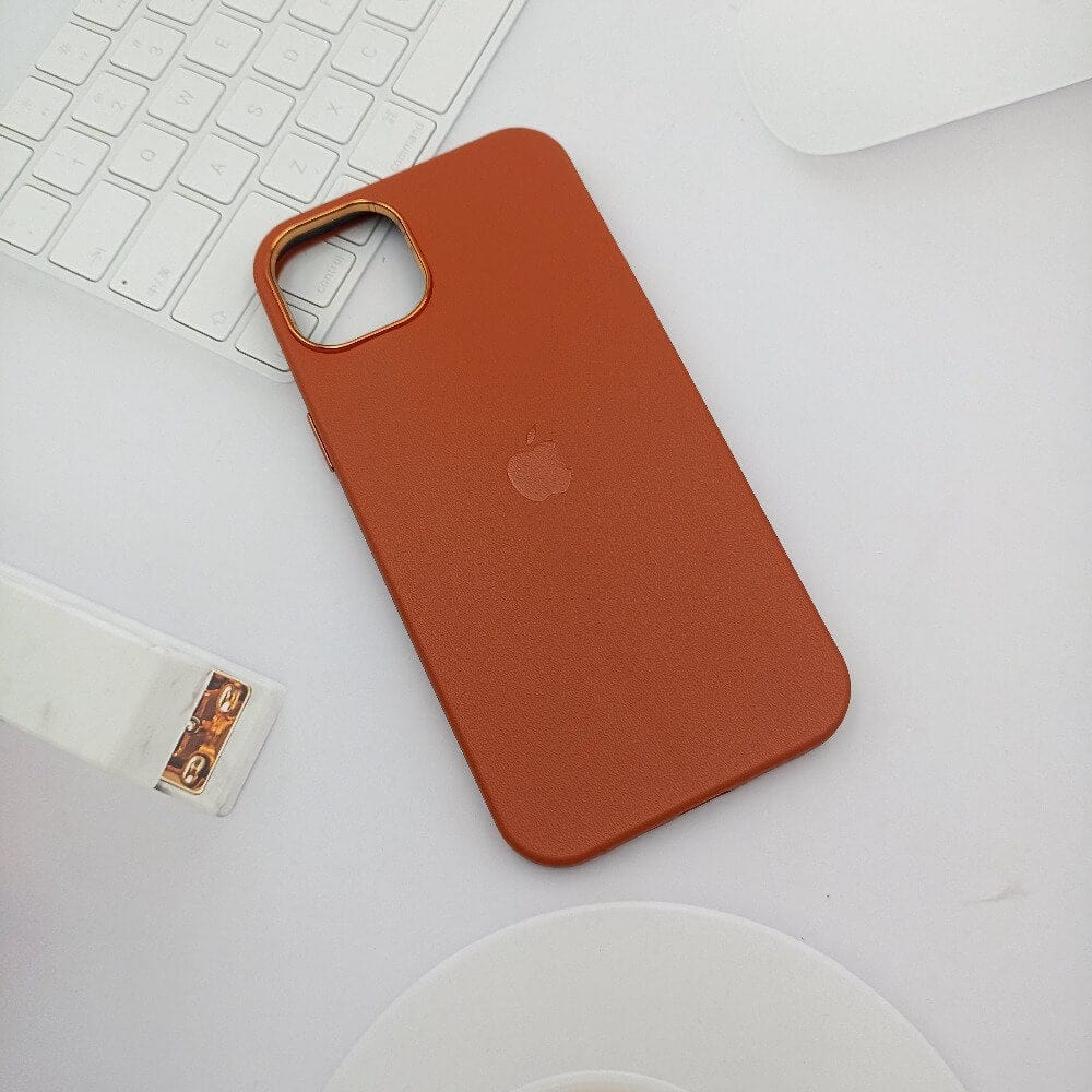 Leather Texture Phone Case for iPhone 14 Plus with Apple Logo Brown Onezeros.in
