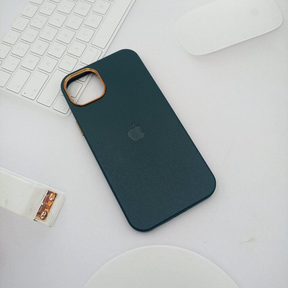 Leather Texture Phone Case for iPhone 14 Plus with Apple Logo Emerald Green Onezeros.in