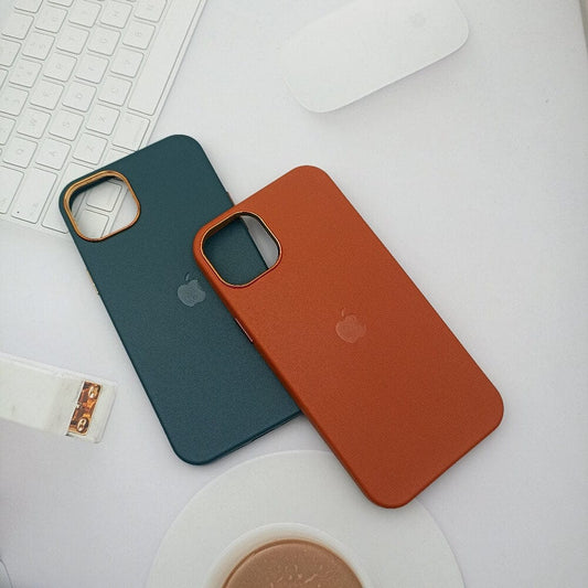 Leather Texture Phone Case for iPhone 14 Plus with Apple Logo Sky Blue Onezeros.in