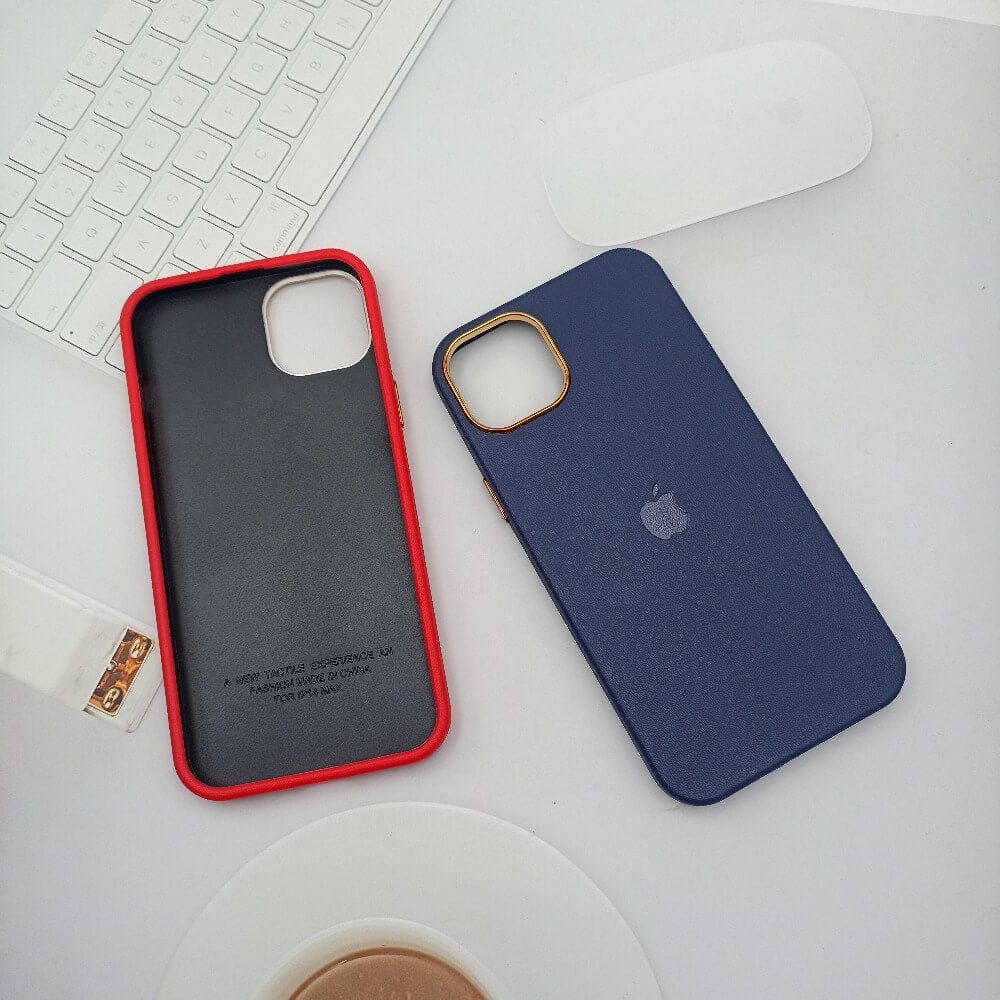 Leather Texture Phone Case for iPhone 14 Plus with Apple Logo Onezeros.in