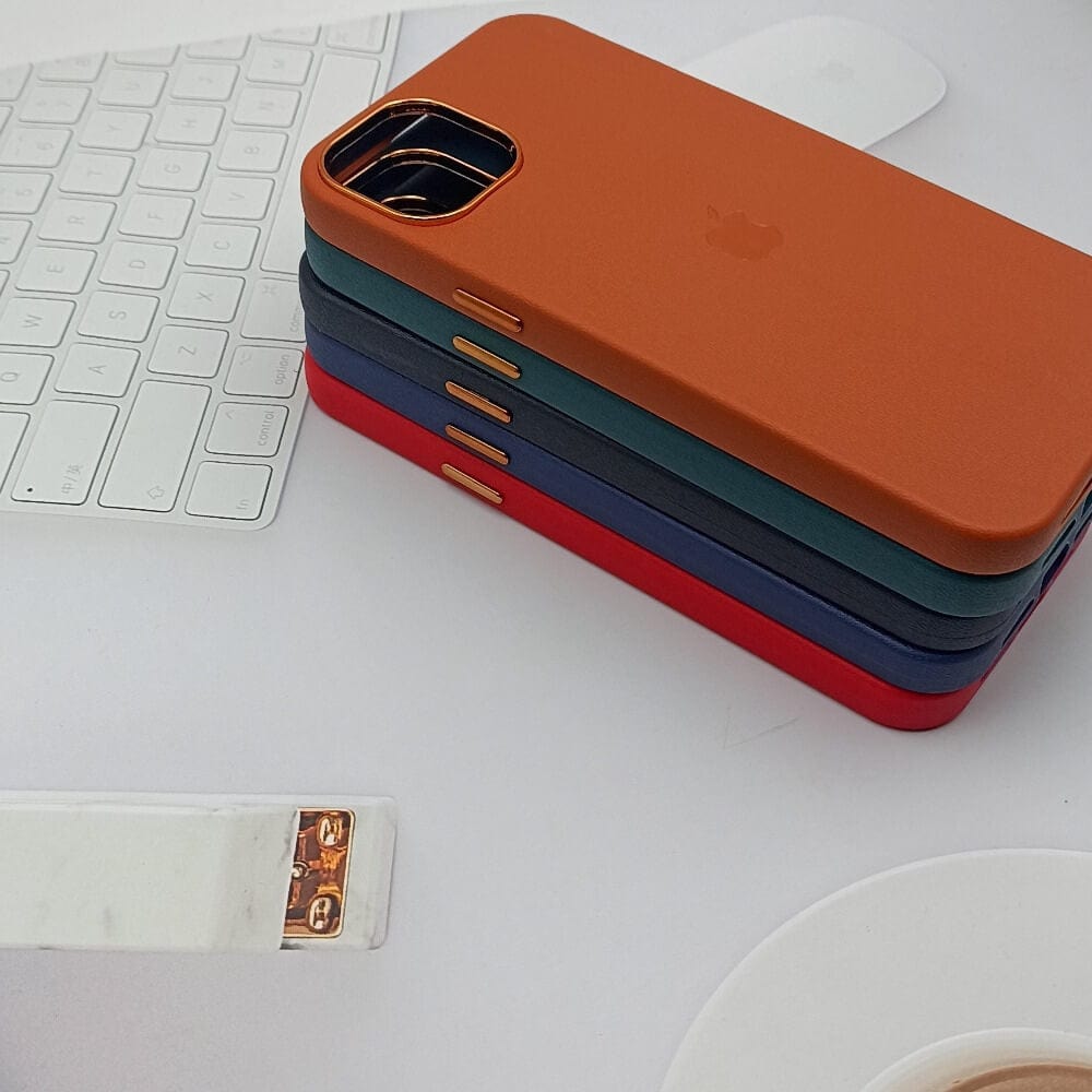 Leather Texture Phone Case for iPhone 14 Plus with Apple Logo Onezeros.in