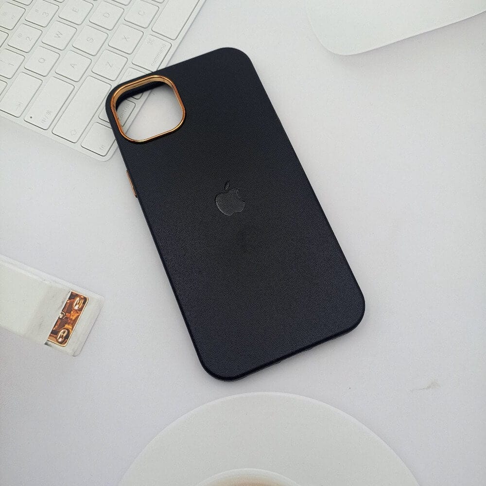 Leather Texture Phone Case for iPhone 14 Pro Max with Apple Logo Black Onezeros.in